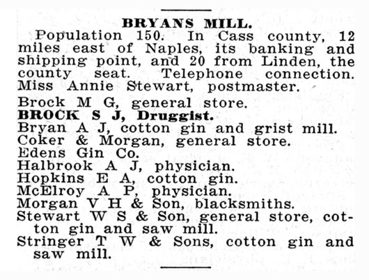 Bryan's Mill, Texas Directory Listing of Businesses, 1914