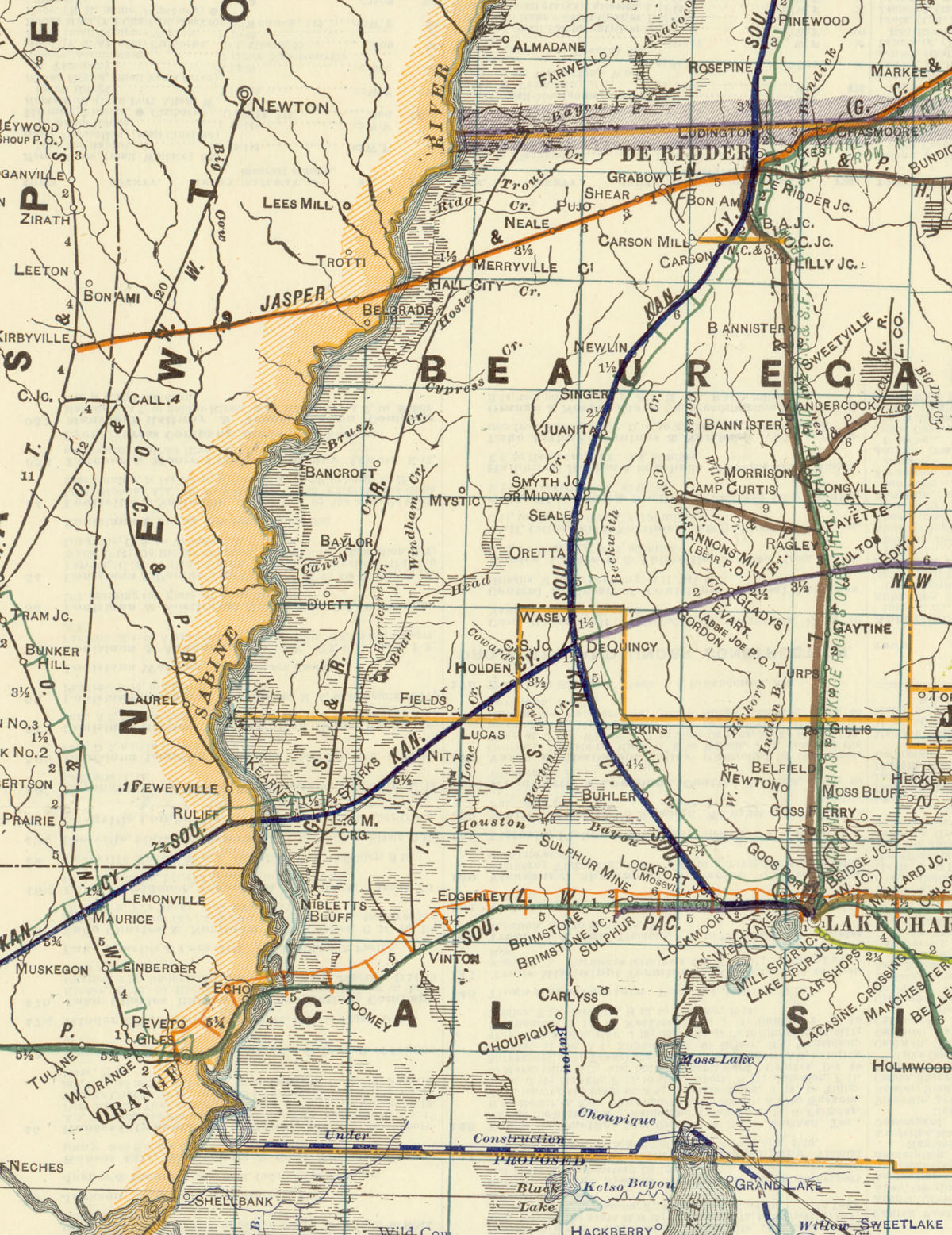 Gulf, Sabine & Red River Railroad, Map Showing Route in 1922.