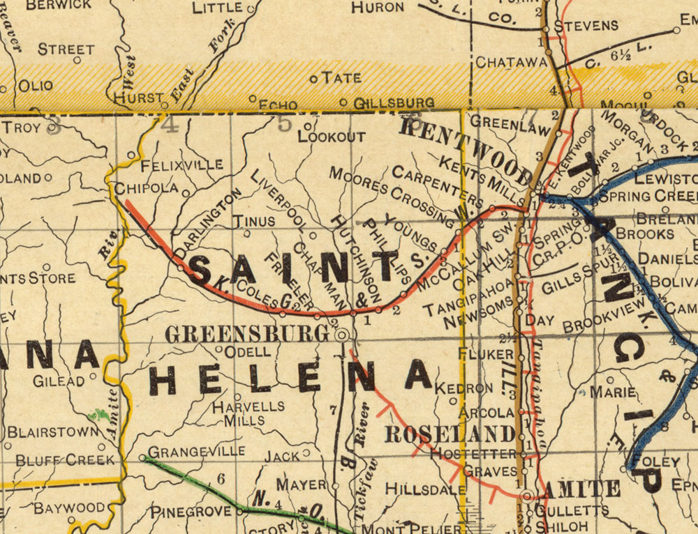 Kentwood, Greensburg & Southwestern Railroad (La.) , Map Showing Route