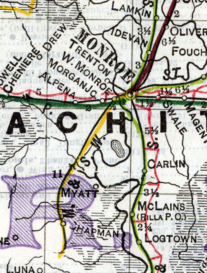 Monroe & Southwestern Railway Company (La.), Map Showing Route in 1914.