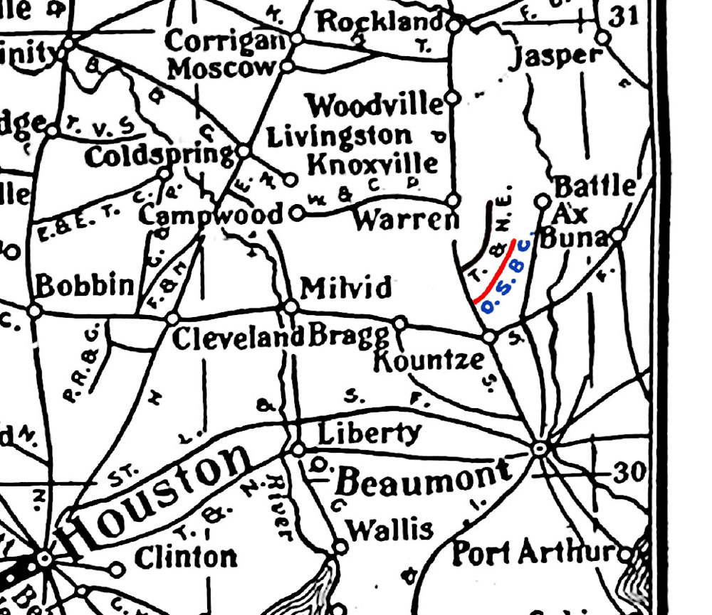 Olive-Sternenberg Company (Tex.), Map showing general tram route from Olive, Texas, northeasterly to the company's logging camps. Circa 1905-1910.