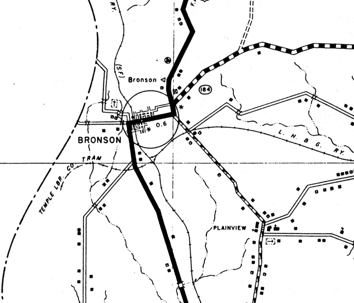 Temple Lumber Company at Bronson, Texas. Map showing tram west of