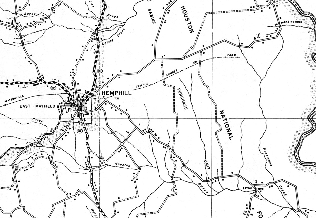 Temple Lumber Company at Hemphill, Texas. Map showing tram east of