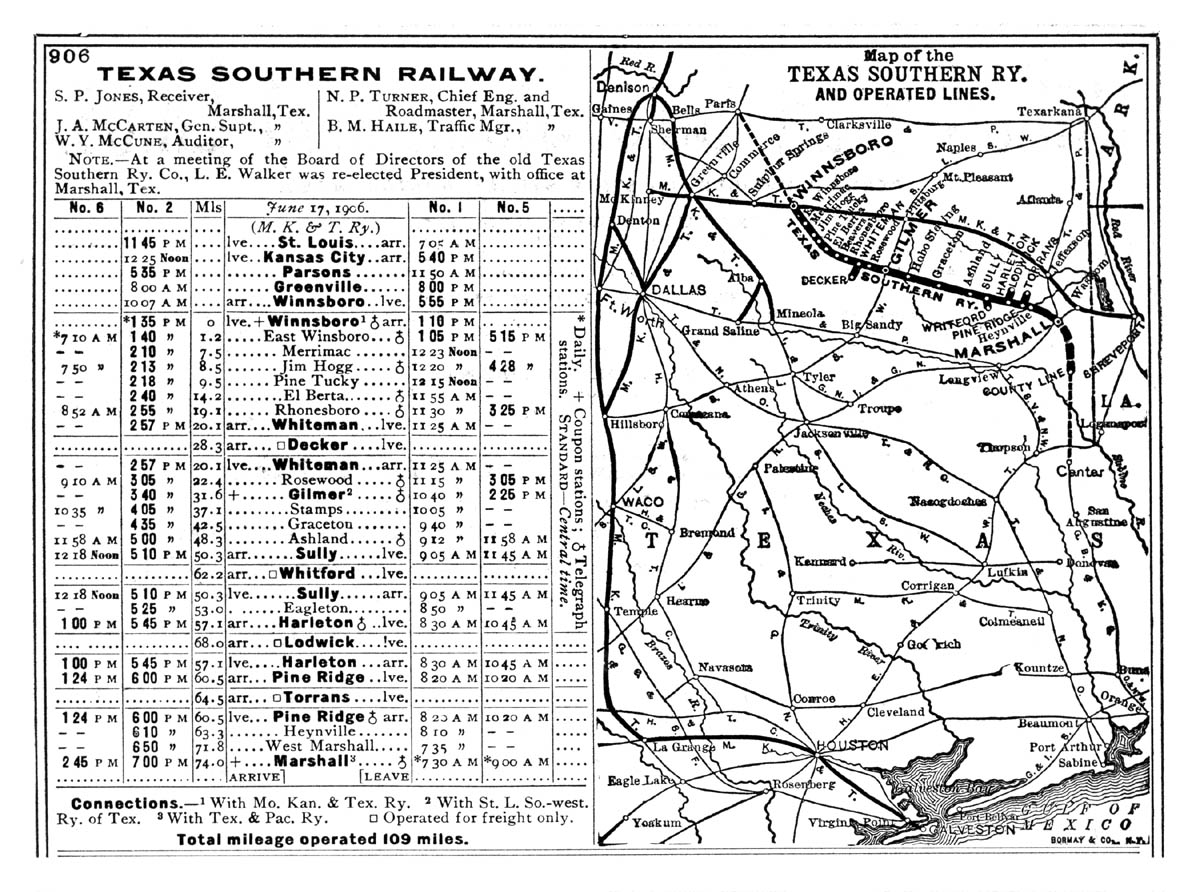 Texas Southern Railway Company (Tex.), published timetable showing route in 1906.