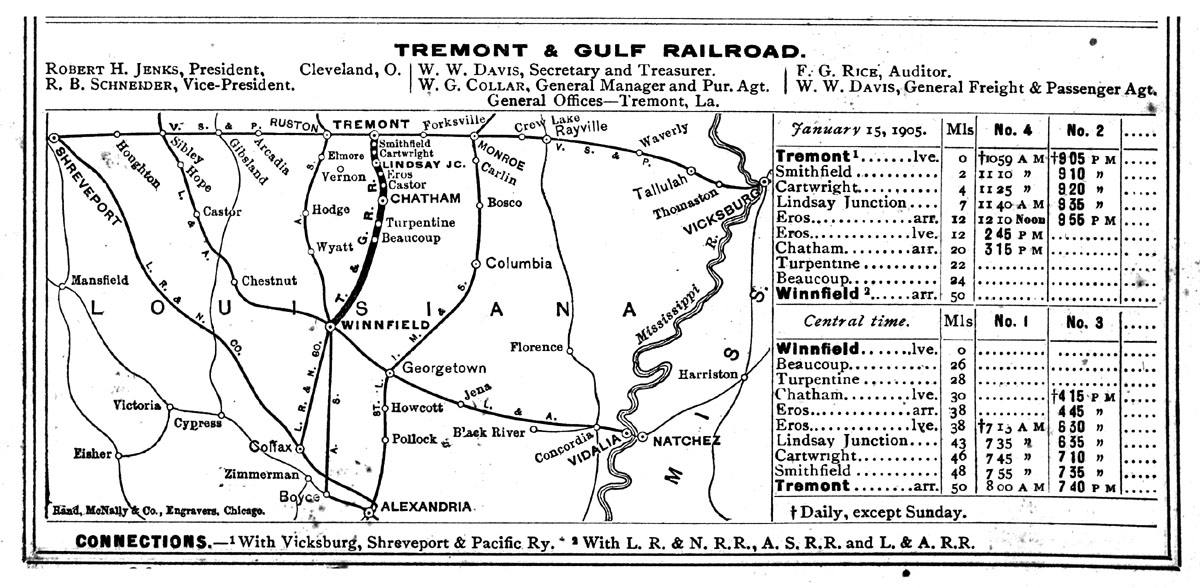 Tremont & Gulf Railway Company (La.), Public Timetable and Map Showing Route in 1906.