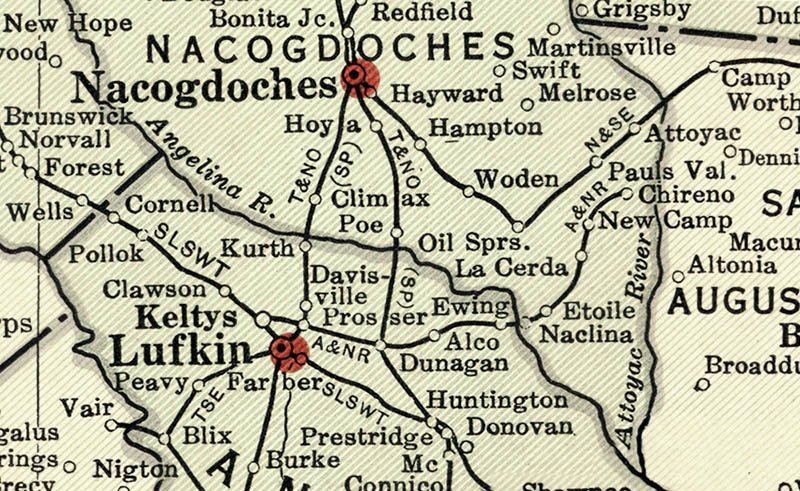 Angelina & Neches River Railroad Company (Tex.), Map Showing Route in 1937.