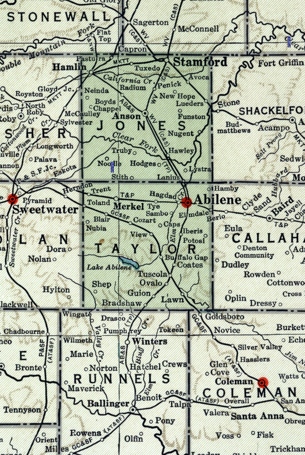 Abilene & Southern Railway Company (Tex.), map showing route in 1937.