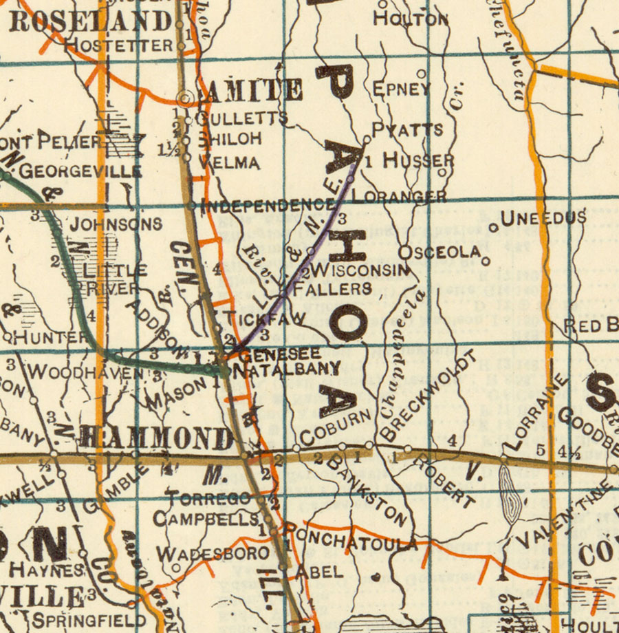 Loranger, Louisiana & Northeastern Railroad Company (La.), Map Showing Route in 1922.