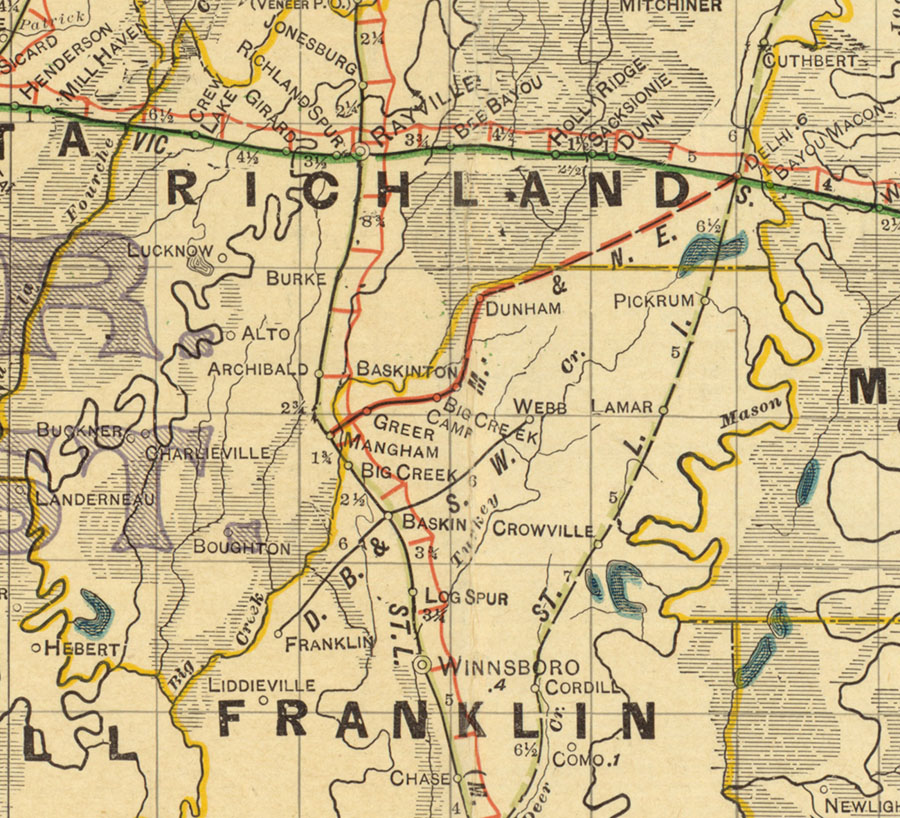 Mangham & Northeastern Railway Company (La.), Map Showing Route in 1913.