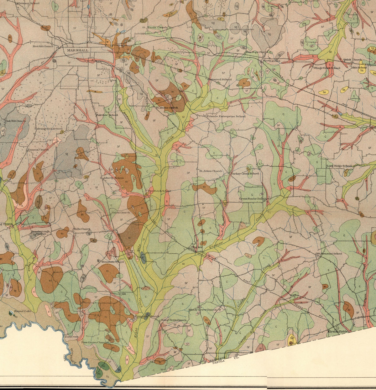 Marshall & East Texas Railway Company (Tex.), map showing route from Marshall to Elysian Fields in 1912.
