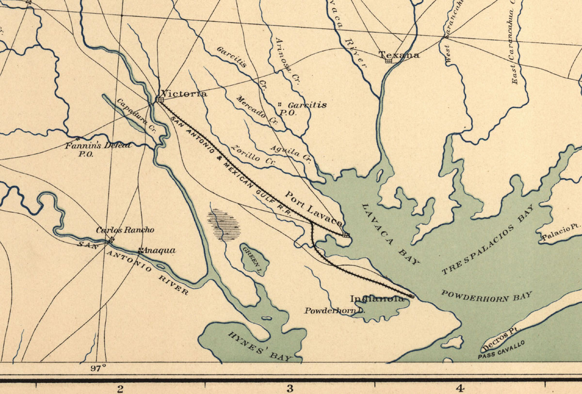 San Antonio & Mexican Gulf Railroad Company (Tex.), map showing route circa 1865.