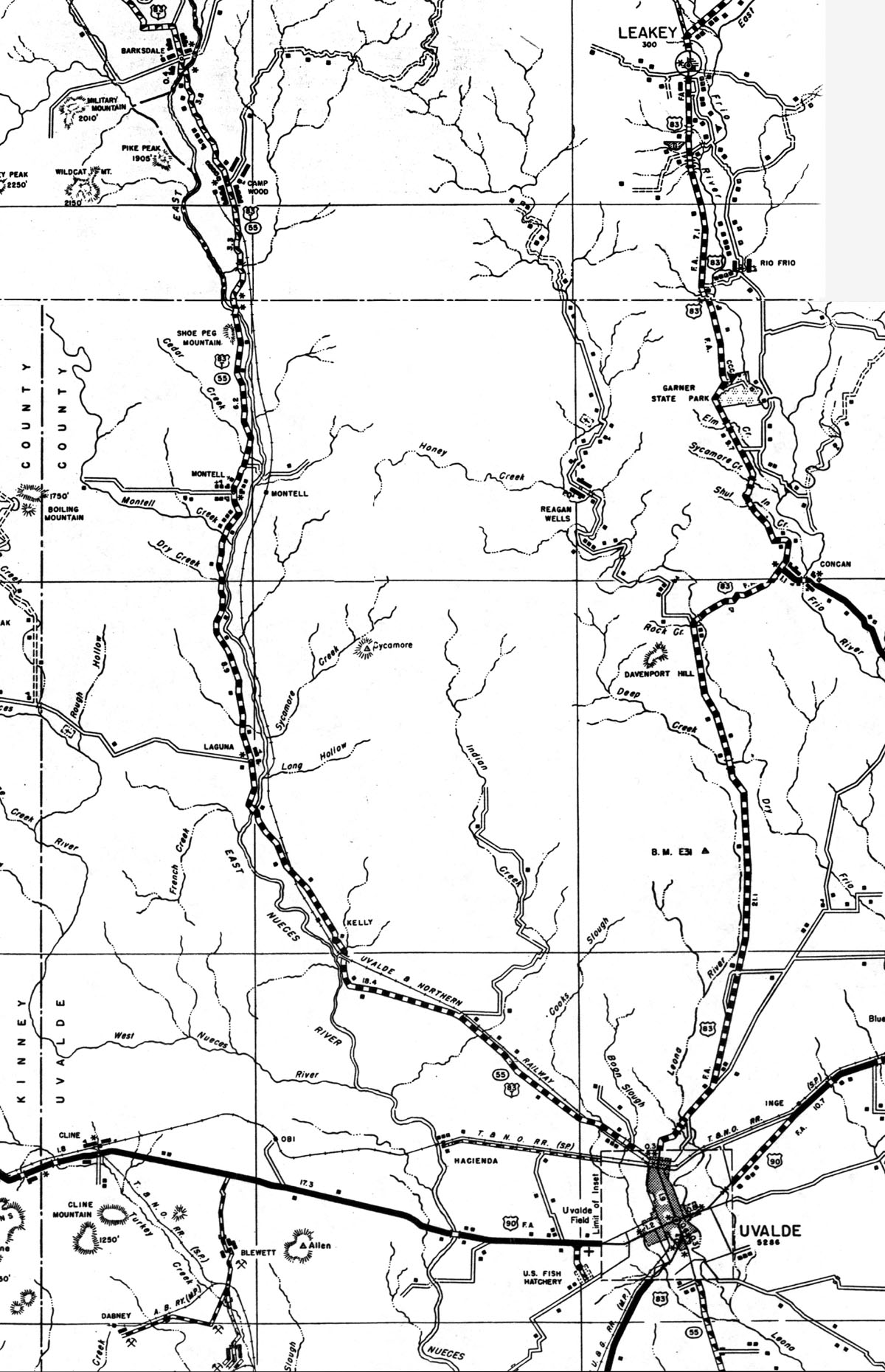 Uvalde & Northern Railway Company (Tex.), map showing route in 1936.