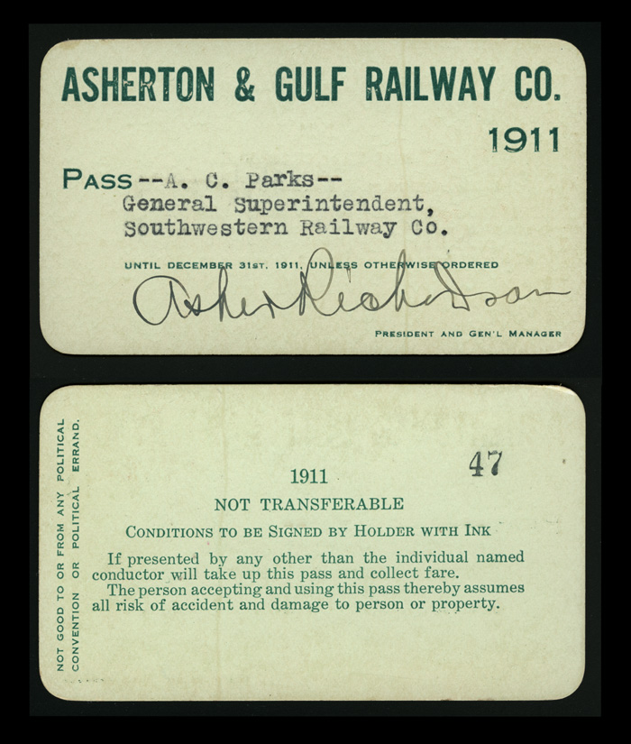 Asherton & Gulf Ry. trip pass. Issued for travel in 1916. 